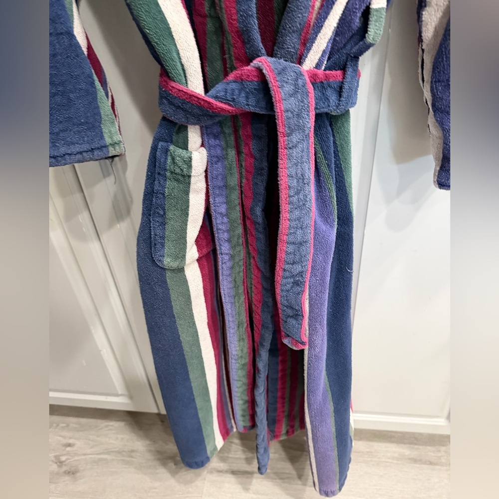 BILL BLASS Terry Cloth Vintage Striped Hooded Bathrobe belt & pockets 3/4 sleeve - Picture 14 of 15